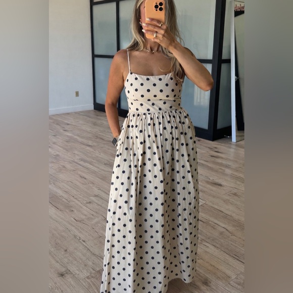 NEW Talulah Cannes Polka Dot Maxi Dress Tan Navy Blue Poplin sz Small - Picture 2 of 8